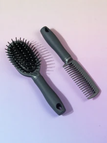 防滑造型梳套裝,包含有墊氣墊梳1入、寬齒梳1入、小塑料經典實色啞光干濕兩用梳/梳理家用或隨身攜帶 - 深灰色 - 查看 3
