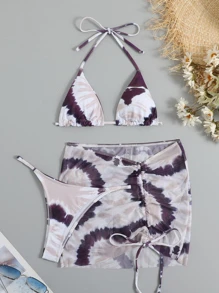Tie Dye Drawstring Halter Triangle Bikini Set For Summer With Beach Skirt - Multicolor - View 1