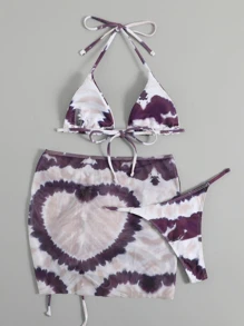 Tie Dye Drawstring Halter Triangle Bikini Set For Summer With Beach Skirt - Multicolor - View 4