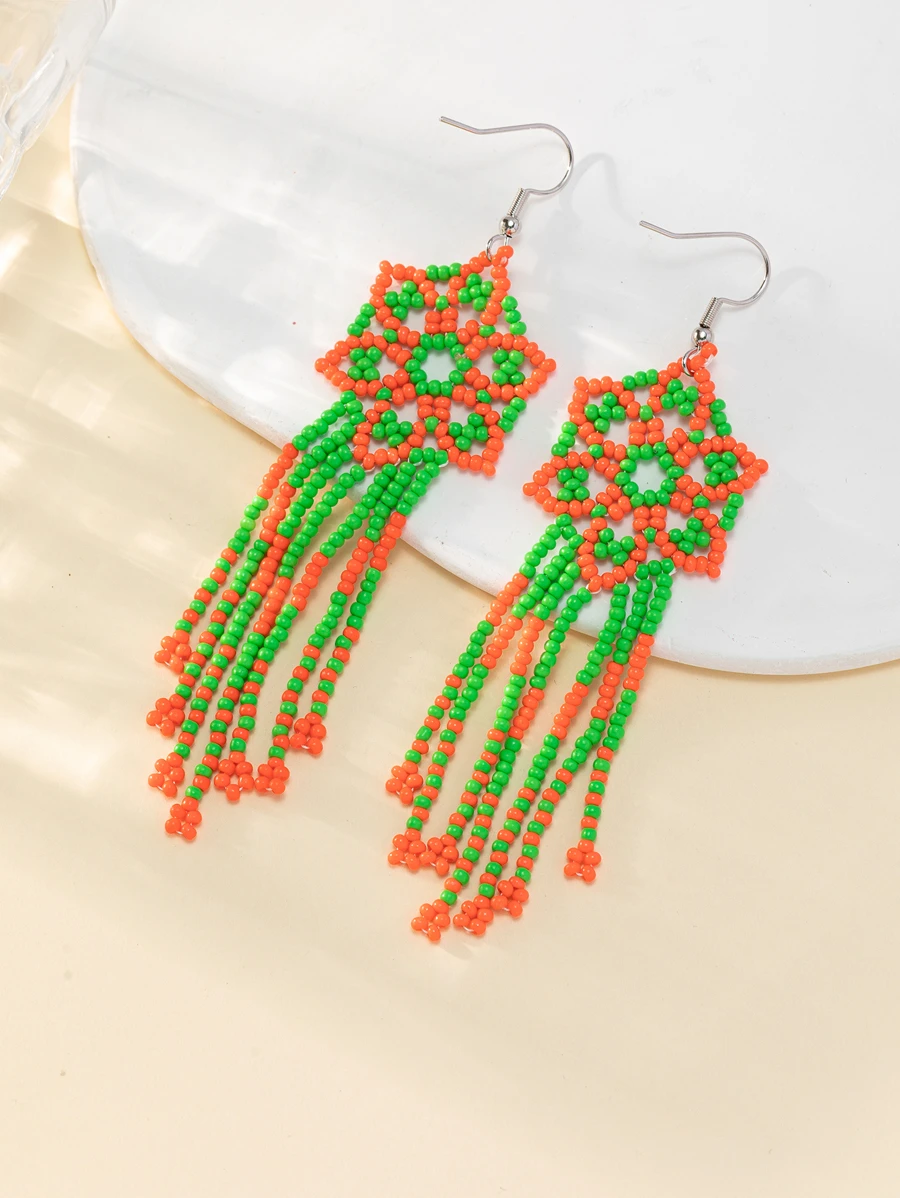 1對波希米亞風格明亮綠色和紫色金花玻璃珠流蘇耳環,適合女性日常佩戴 - 彩色 - 查看 1