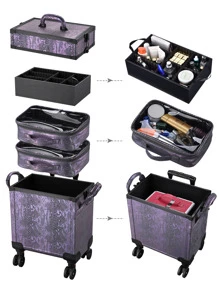 BYOOTIQUE 3 IN1 Rolling Makeup Case Sequin Cosmetic Case Artist Travel Train Case Lockable Rolling Leather Trolley With Removable Belt And Organizer Storage Hand Bag