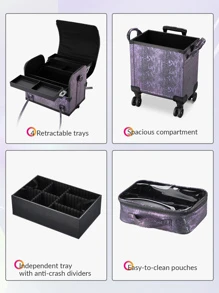 BYOOTIQUE 3 IN1 Rolling Makeup Case Sequin Cosmetic Case Artist Travel Train Case Lockable Rolling Leather Trolley With Removable Belt And Organizer Storage Hand Bag