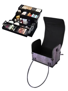 BYOOTIQUE 3 IN1 Rolling Makeup Case Sequin Cosmetic Case Artist Travel Train Case Lockable Rolling Leather Trolley With Removable Belt And Organizer Storage Hand Bag