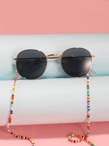 1pair Kids Round Frame Fashion Glasses & 1pc Color Block Beaded Glasses Chain For Daily Life - Grey - View 3