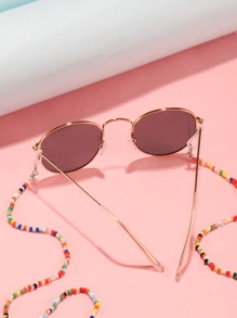 1pair Kids Round Frame Fashion Glasses & 1pc Color Block Beaded Glasses Chain For Daily Life - Grey - View 2