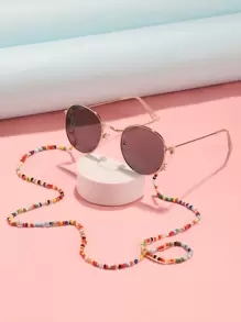 1pair Kids Round Frame Fashion Glasses & 1pc Color Block Beaded Glasses Chain For Daily Life - Grey - View 1