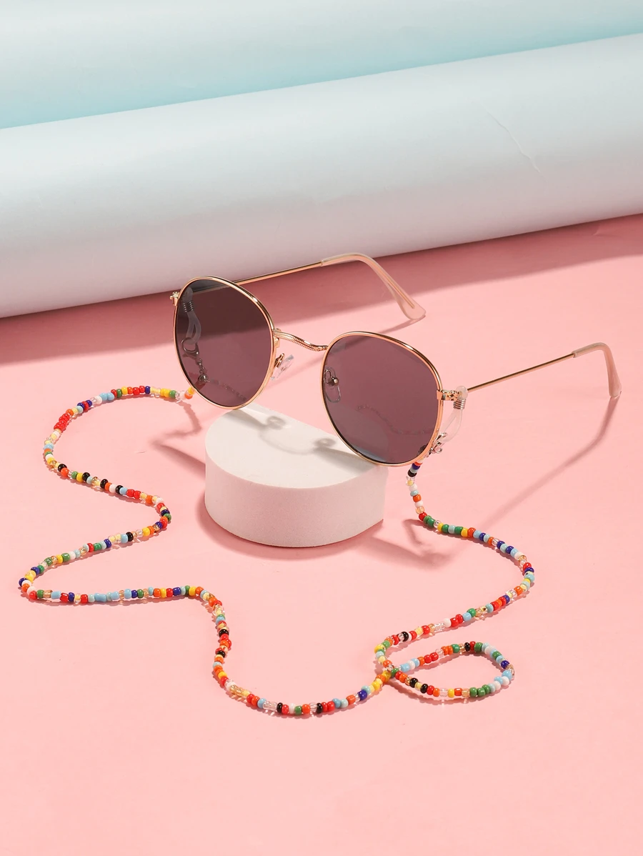 1pair Kids Round Frame Fashion Glasses & 1pc Color Block Beaded Glasses Chain For Daily Life - Grey - View 1