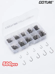 500入組碳鋼尖銳魚鉤，附有塑料盒，鉤號#3-#12，釣魚必備 - 銀色 - 查看 1