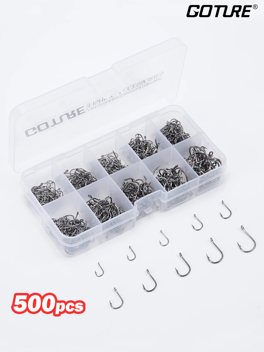 500入組碳鋼尖銳魚鉤，附有塑料盒，鉤號#3-#12，釣魚必備 - 銀色 - 查看 1