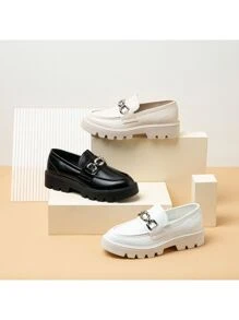 Vepose Women's Chunky Heel Casual Loafers  Fashion Slip On Shoes Round Toe with Chain - 黑色 - 查看 4