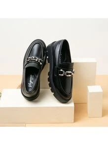 Vepose Women's Chunky Heel Casual Loafers  Fashion Slip On Shoes Round Toe with Chain - 黑色 - 查看 2
