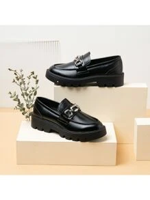 Vepose Women's Chunky Heel Casual Loafers  Fashion Slip On Shoes Round Toe with Chain - 黑色 - 查看 1
