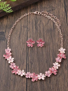 1 dây chuyền & 1 cặp bộ trang sức hợp kim tráng men hoa màu sang trọng thanh lịch tinh tế, hoa tai mặt dây chuyền phổ biến làm quà tặng cho ngày của mẹ ngày lễ tình nhân - Hồng - Xem 8