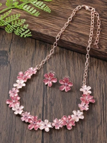 1 dây chuyền & 1 cặp bộ trang sức hợp kim tráng men hoa màu sang trọng thanh lịch tinh tế, hoa tai mặt dây chuyền phổ biến làm quà tặng cho ngày của mẹ ngày lễ tình nhân - Hồng - Xem 5