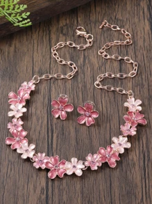 1 dây chuyền & 1 cặp bộ trang sức hợp kim tráng men hoa màu sang trọng thanh lịch tinh tế, hoa tai mặt dây chuyền phổ biến làm quà tặng cho ngày của mẹ ngày lễ tình nhân - Hồng - Xem 4