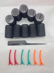 10pcs Solid Hair Curling Tool & 6pcs Hair Clip & 1pc Comb - Black - View 3