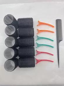 10pcs Solid Hair Curling Tool & 6pcs Hair Clip & 1pc Comb - Black - View 2