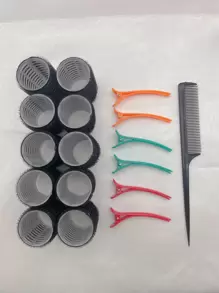 10pcs Solid Hair Curling Tool & 6pcs Hair Clip & 1pc Comb - Black - View 1