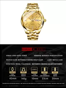 BINBOND奢侈品牌时尚男士金表不锈钢石英表男士商务日期星期显示水钻手表男士夜灯钟