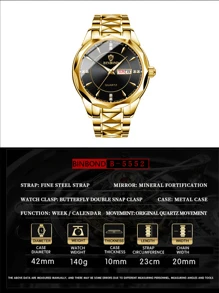 BINBOND Luxury Brand Fashion Men's Gold Watch Stainless Steel Quartz Watch Men's Business Date Week Display Rhinestone Watch Men's Night Light Clock - Black - View 2