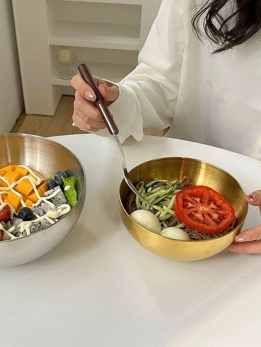 1 件装不锈钢韩国饭碗，双层，适合儿童，用作泡菜碗、厨师碗和冷面碗，银色中国传统浅陶锅式碗，用于甜点学校用品，返校