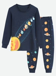 Chicos Conjunto de pijama con estampado de planeta - Azul Marino - Ver 1