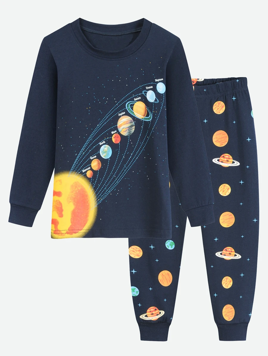 Chicos Conjunto de pijama con estampado de planeta - Azul Marino - Ver 1