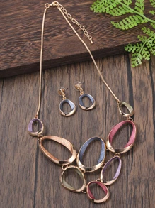 1 vòng cổ và 1 cặp Bộ trang sức hợp kim tráng men hình bầu dục tráng men tinh tế, sang trọng, thanh lịch đầy màu sắc, bông tai mặt dây chuyền hợp thời trang cho tiệc/hẹn hò, quà tặng cho ngày của mẹ - Nhiều màu - Xem 1