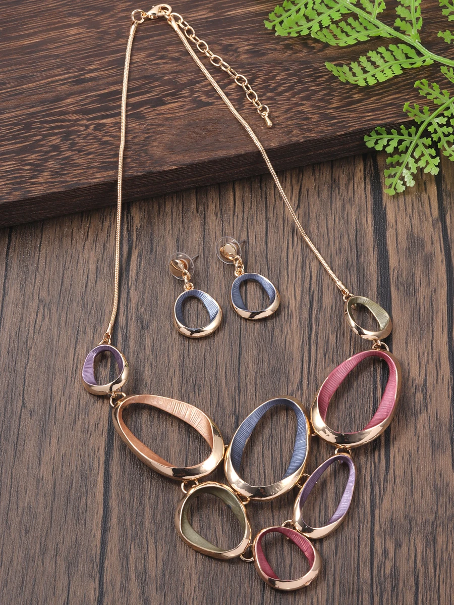 1 vòng cổ và 1 cặp Bộ trang sức hợp kim tráng men hình bầu dục tráng men tinh tế, sang trọng, thanh lịch đầy màu sắc, bông tai mặt dây chuyền hợp thời trang cho tiệc/hẹn hò, quà tặng cho ngày của mẹ - Nhiều màu - Xem 1