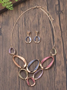 1 vòng cổ và 1 cặp Bộ trang sức hợp kim tráng men hình bầu dục tráng men tinh tế, sang trọng, thanh lịch đầy màu sắc, bông tai mặt dây chuyền hợp thời trang cho tiệc/hẹn hò, quà tặng cho ngày của mẹ - Nhiều màu - Xem 5