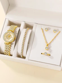 6 件/套女士时尚优雅石英表、项链、手链、耳环和戒指套装（带 Opp 袋）作为返校学生的礼物 - 金色 - 查看 1