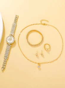 6 件/套女士时尚优雅石英表、项链、手链、耳环和戒指套装（带 Opp 袋）作为返校学生的礼物 - 金色 - 查看 5