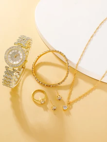 6 件/套女士时尚优雅石英表、项链、手链、耳环和戒指套装（带 Opp 袋）作为返校学生的礼物 - 金色 - 查看 4