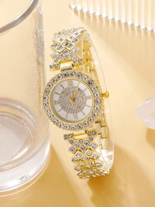 6 件/套女士时尚优雅石英表、项链、手链、耳环和戒指套装（带 Opp 袋）作为返校学生的礼物 - 金色 - 查看 3