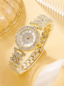 6 件/套女士时尚优雅石英表、项链、手链、耳环和戒指套装（带 Opp 袋）作为返校学生的礼物 - 金色 - 查看 2