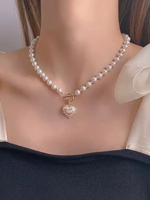 1條時尚簡約的心形吊墜毛珠項鍊,適用於女性 - 彩色 - 查看 1
