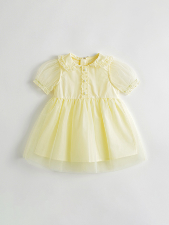 年輕女孩泡泡袖薄紗罩層公主裙，非常適合表演和派對，夏季