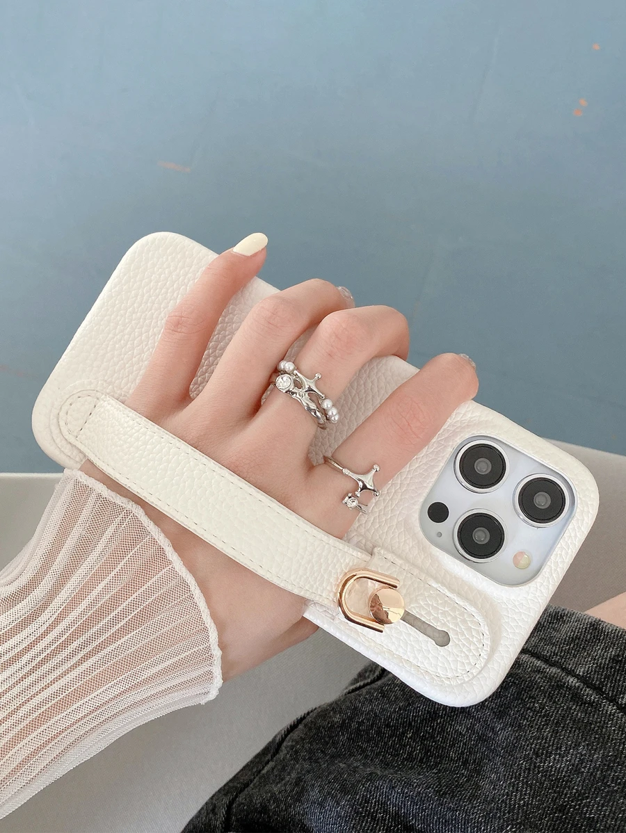 1入組荔枝圖案皮革腕帶手機殼相容於 Apple Iphone 15 14 13 12 11 Pro Max、三星 Galaxy S21 Fe S22 S23 Plus Note 20 Ultra A52 A53 A54 5g、Google Pixel 4 Xl、Moto Edge 30、Xperia 10 Iv、純色簡風格 - 白色 - 查看 1