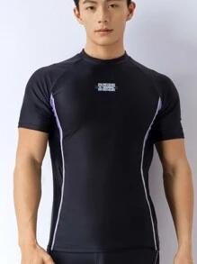 361degree Men Letter Graphic Contrast Piping Swim Top - Black - View 1