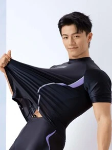 361degree Men Letter Graphic Contrast Piping Swim Top - Black - View 3