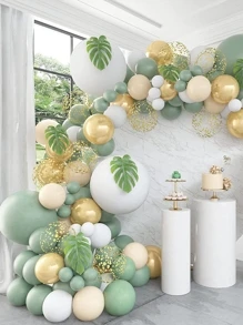 66pcs Bean Green Gold Confetti Balloon Glue Chain, Birthday And Holiday Party Background Decoration Supplies Balloon Set - Multicolor - View 1