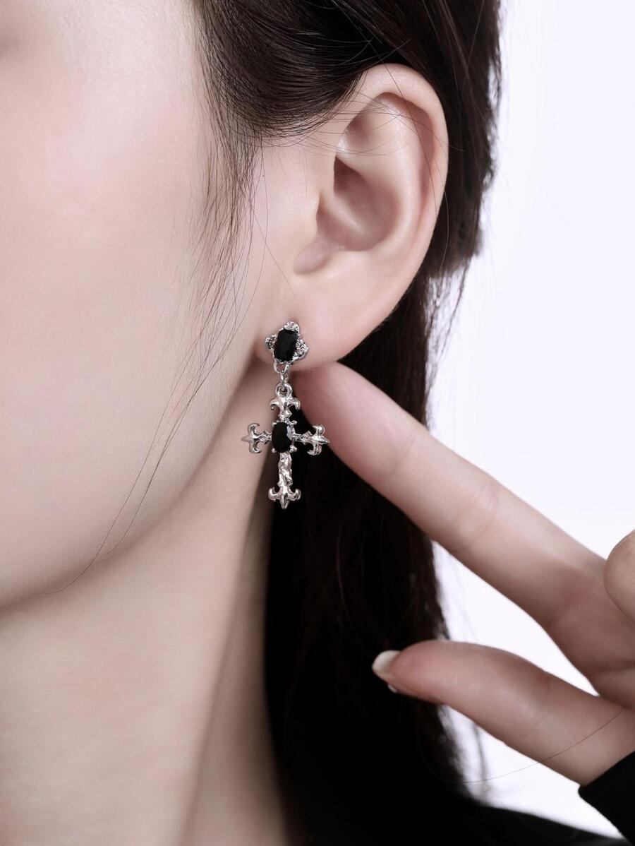 1對龐克和嘻哈風格交叉形狀懸垂耳環帶獨特黑色顏色和人造水晶適合女士