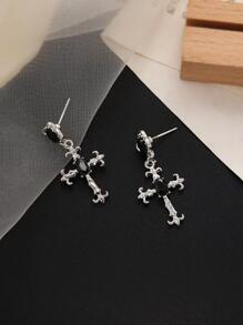 1對龐克和嘻哈風格交叉形狀懸垂耳環帶獨特黑色顏色和人造水晶適合女士