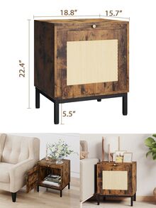 Rattan Nightstand, End Table Rattan Bedside Table Side Table with Tray, Wood Accent Table with Storage Shelf for Bedroom, Living Room - màu nâu - Xem 2