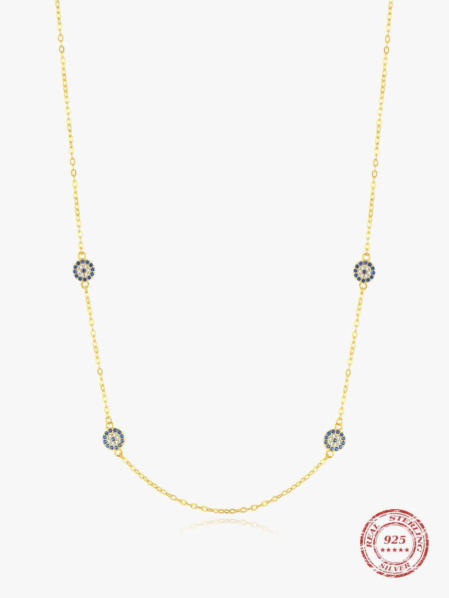 純銀方晶鋯石裝飾眼睛鏈條樣式項鍊 - 金色 - 查看 1