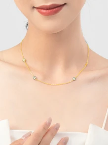 純銀方晶鋯石裝飾眼睛鏈條樣式項鍊 - 金色 - 查看 2