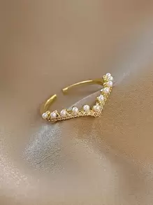 人造珍珠裝飾開口戒指 - 金黃色 - 查看 1