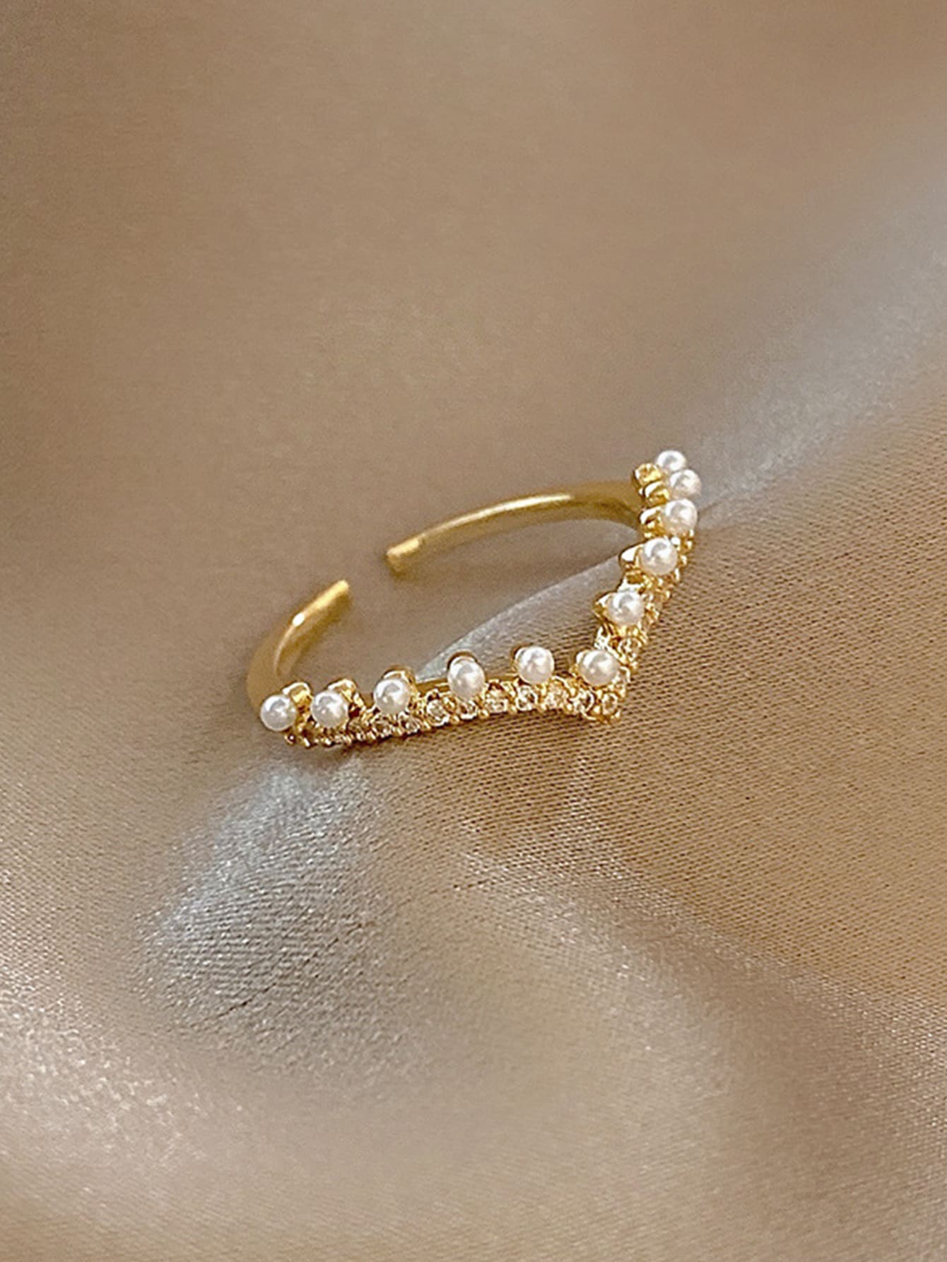 人造珍珠裝飾開口戒指 - 金黃色 - 查看 1