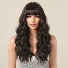 天然假髮女式長發全頭套新款時尚大波浪中長捲髮假髮高溫合成纖維假髮，持久，不纏結耐熱，吹乾捲曲，耐用造型，這款時尚假髮立即變得時尚，擁抱長發 - Dark Brown - 查看 1