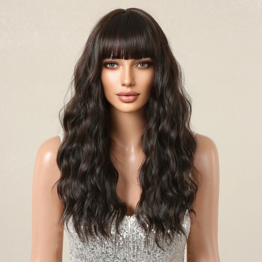 天然假髮女式長發全頭套新款時尚大波浪中長捲髮假髮高溫合成纖維假髮，持久，不纏結耐熱，吹乾捲曲，耐用造型，這款時尚假髮立即變得時尚，擁抱長發 - Dark Brown - 查看 1